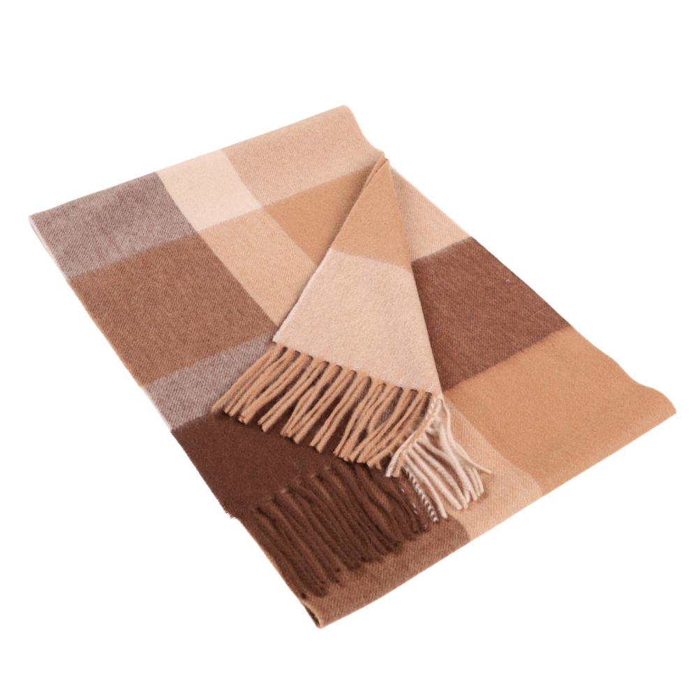 Isoruutuinen villahuivi, 100 % villaa, ruskea-beige – York (1)