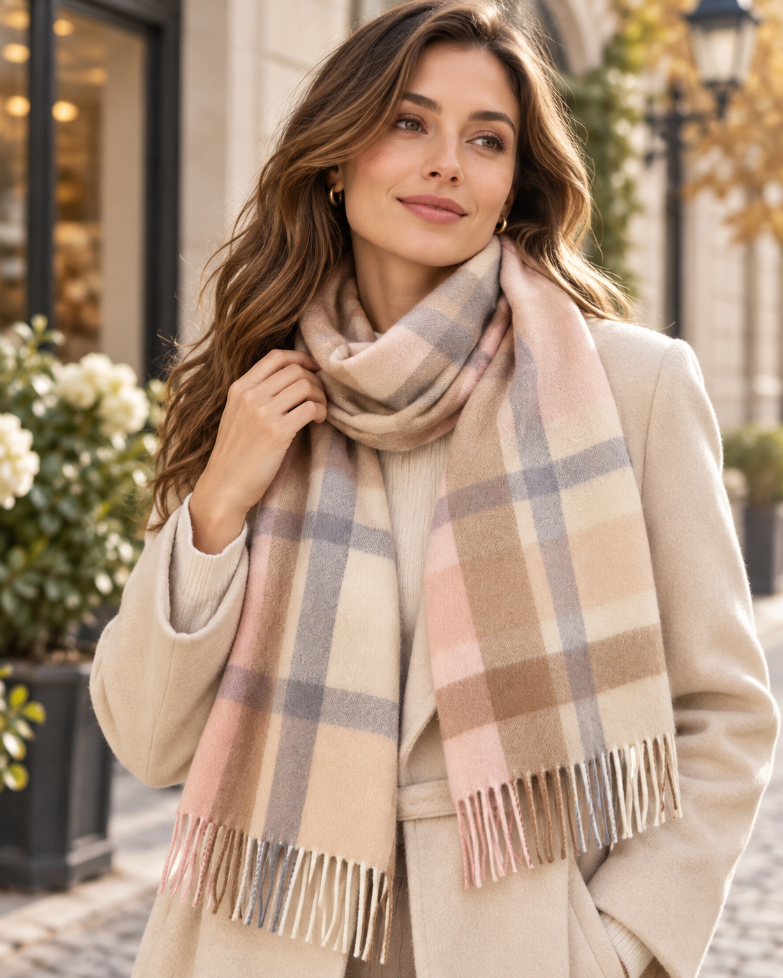 Ruudullinen villahuivi, 100 % villaa, beige – Lontoo (5)